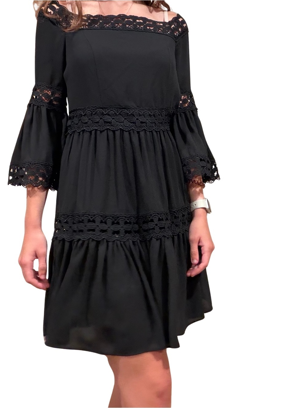 Off-Shoulder Black Lace-Trim Mini Dress